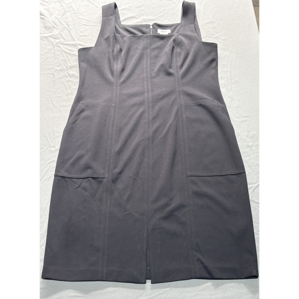 DKNY sleeveless sheath dress, square neckline, front patch pockets, Size 16